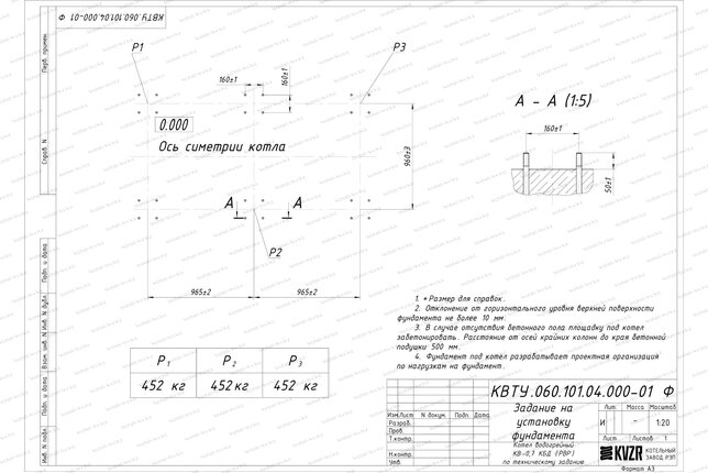 Котел на угле дровах 0.7 МВт с ОУР фундамент